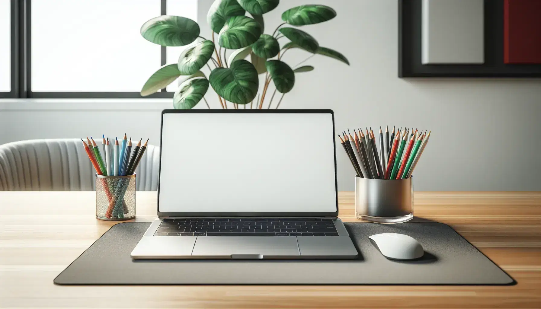 Tidy desk with modern laptop turned on, glass cup with colorful pens, green plant, white mouse on gray mat, natural light.