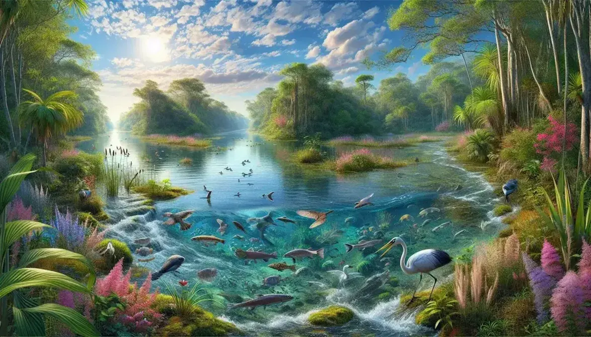 Fiume serpeggiante con acque cristalline, vegetazione rigogliosa, pesci variopinti, uccelli acquatici e cascata in lontananza sotto cielo azzurro.