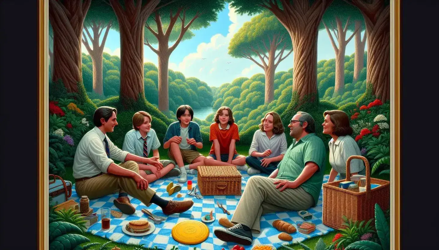 Grupo de cinco personas disfrutando de un picnic en un parque, sentados en manta a cuadros azul y blanco, con cesta de mimbre y frisbee amarillo, rodeados de árboles y césped verde.