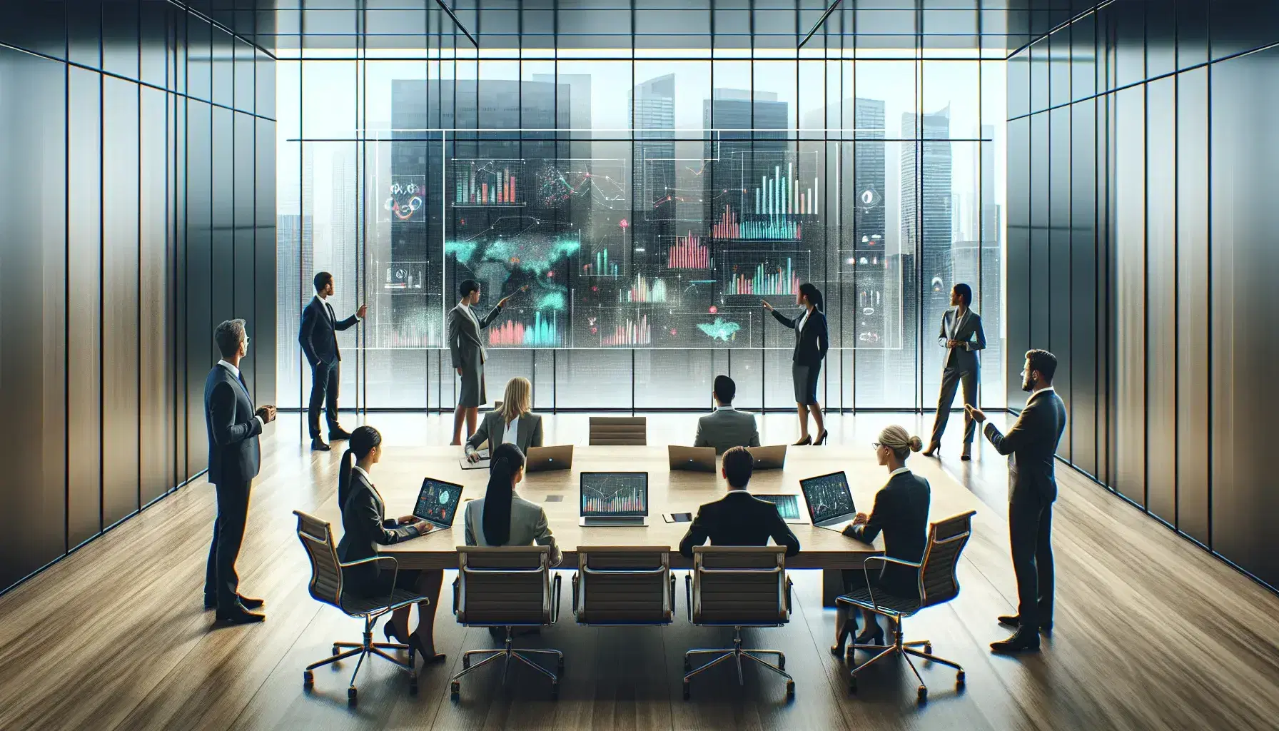 Professionals collaborate around a modern desk with tablets and smartphones displaying colorful data charts in a bright office with a city view.