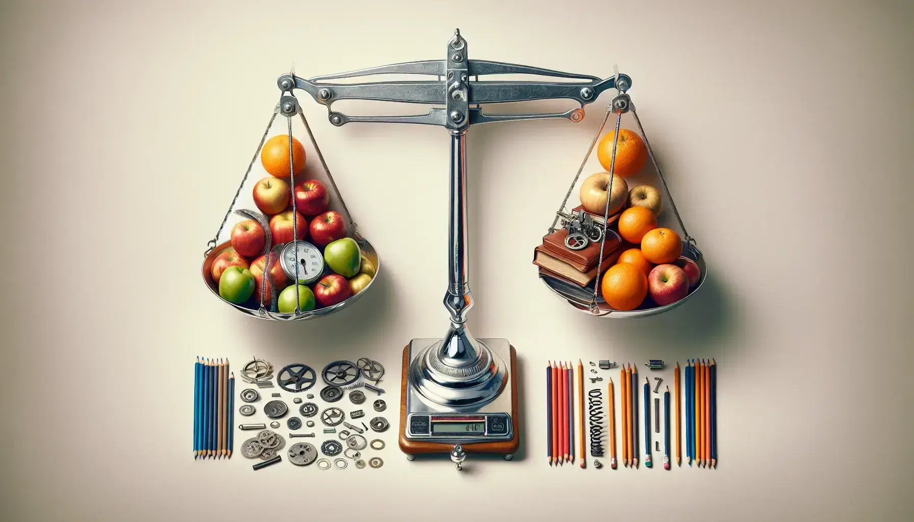 Bilancia a due piatti con frutta su un lato e libro in pelle sull'altro, matite colorate e pezzi di orologio disassemblati su sfondo neutro.