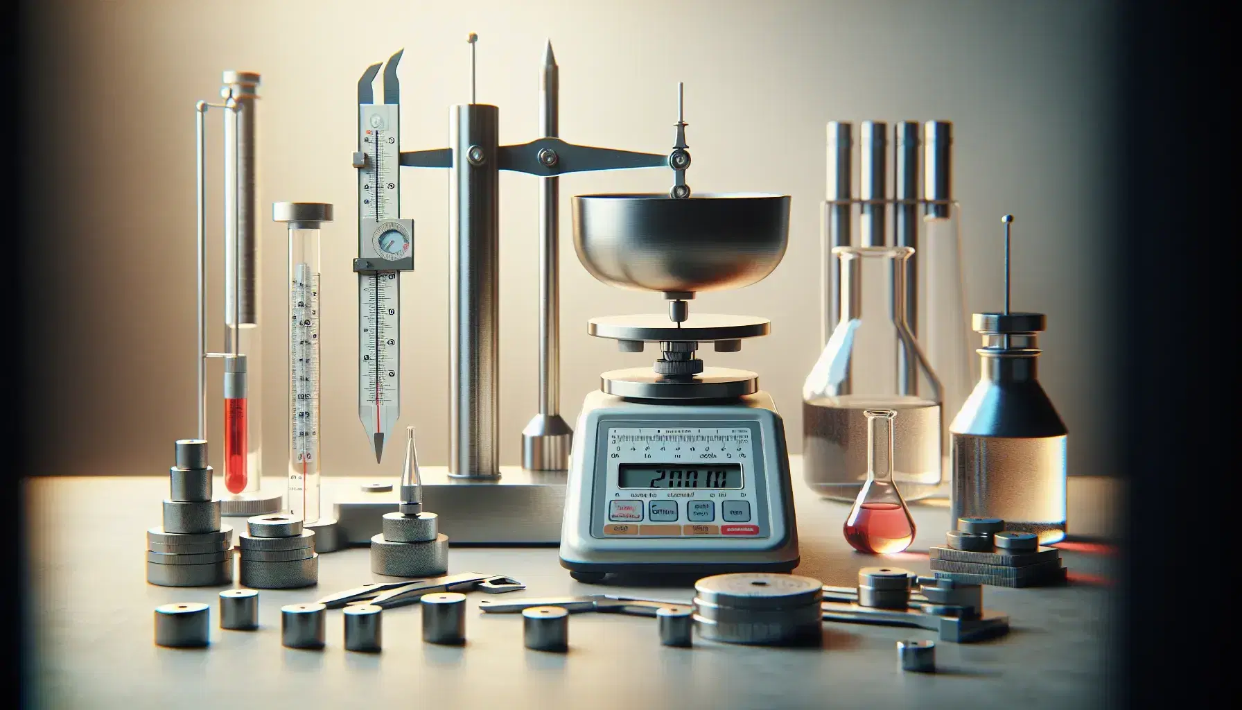 Equipo de medición científica con balanza analítica, calibre Vernier, cilindro graduado con líquido y termómetro de mercurio en laboratorio.