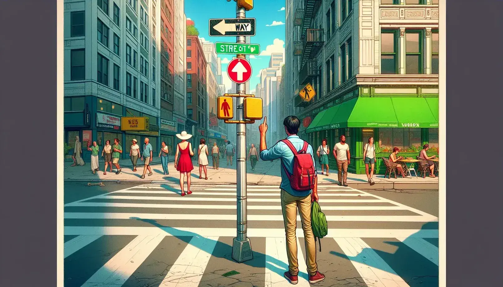 Person at city street corner near green street sign, contemplating direction, as another walks by in red dress, with café and pedestrians in background.