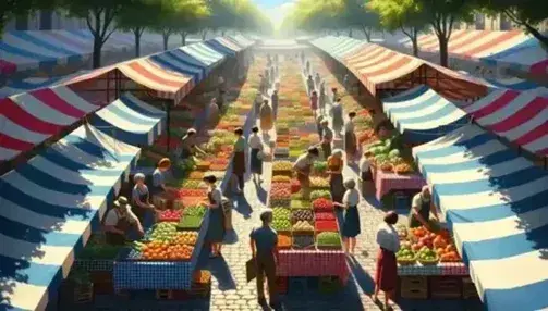 Mercato all'aperto con banchi colorati di frutta e verdura, venditori e clienti interagiscono sotto alberi frondosi in una giornata soleggiata.