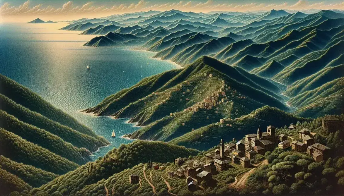 Vista panoramica della costa ligure con colline verdi, villaggi caratteristici e mare azzurro con barca a vela.
