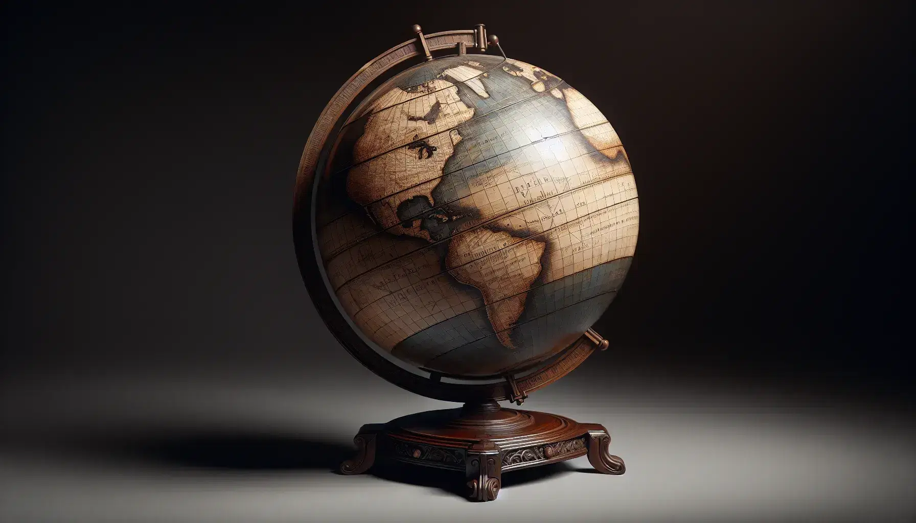 Mappamondo antico dettagliato su base in legno scuro con intagli ornamentali, continenti marroni e oceani azzurri, compasso in ottone e patina d'età.