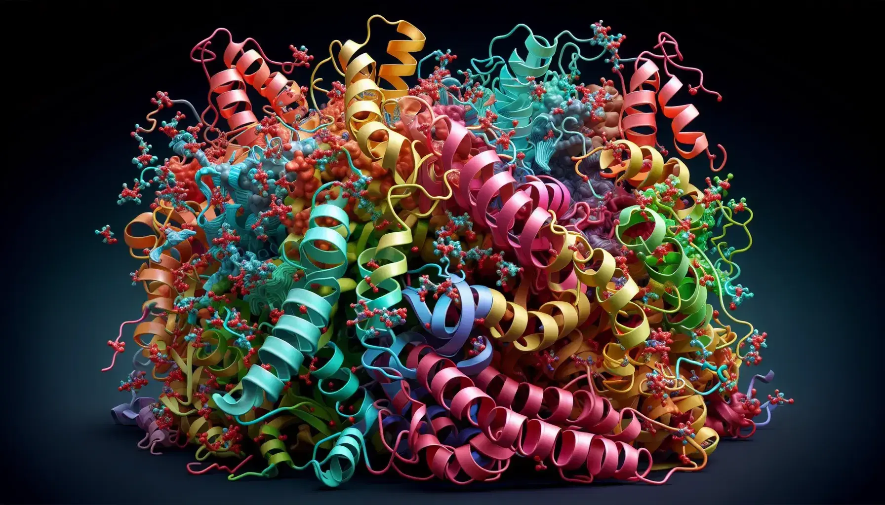 Three-dimensional molecular model of a protein with red alpha-helices, yellow beta sheets and colored side chains on a gradient background.