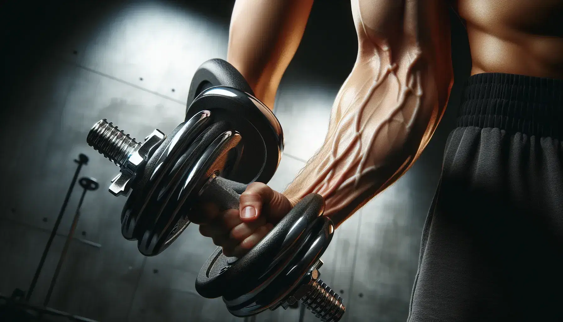 Brazo masculino tonificado levantando mancuerna metálica en gimnasio, reflejando esfuerzo y definición muscular con fondo desenfocado.