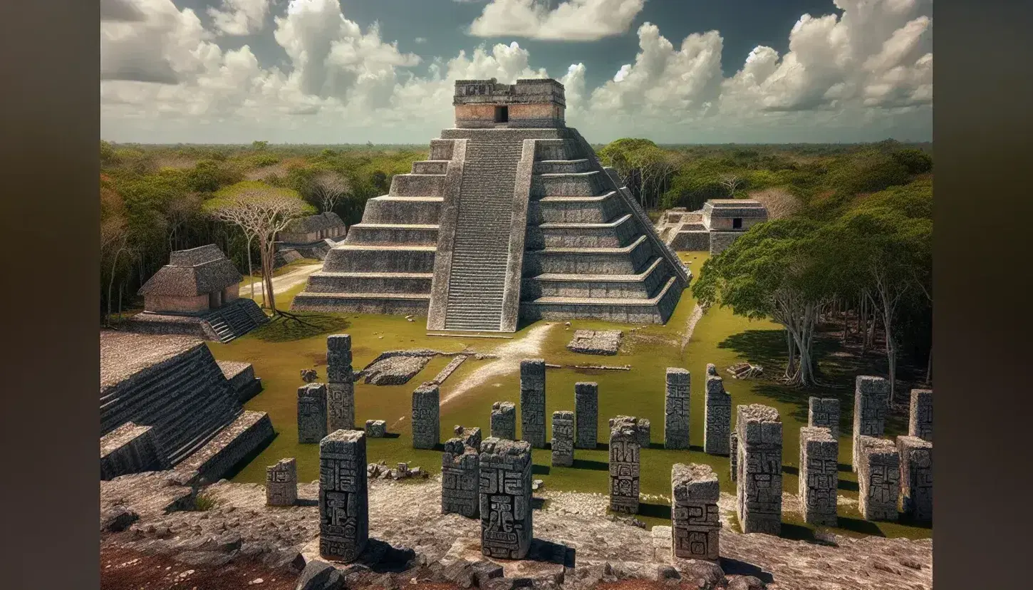 Vista panorámica de ruinas mayas con pirámide escalonada central, estructuras menores y estelas de piedra en medio de la selva bajo cielo azul.