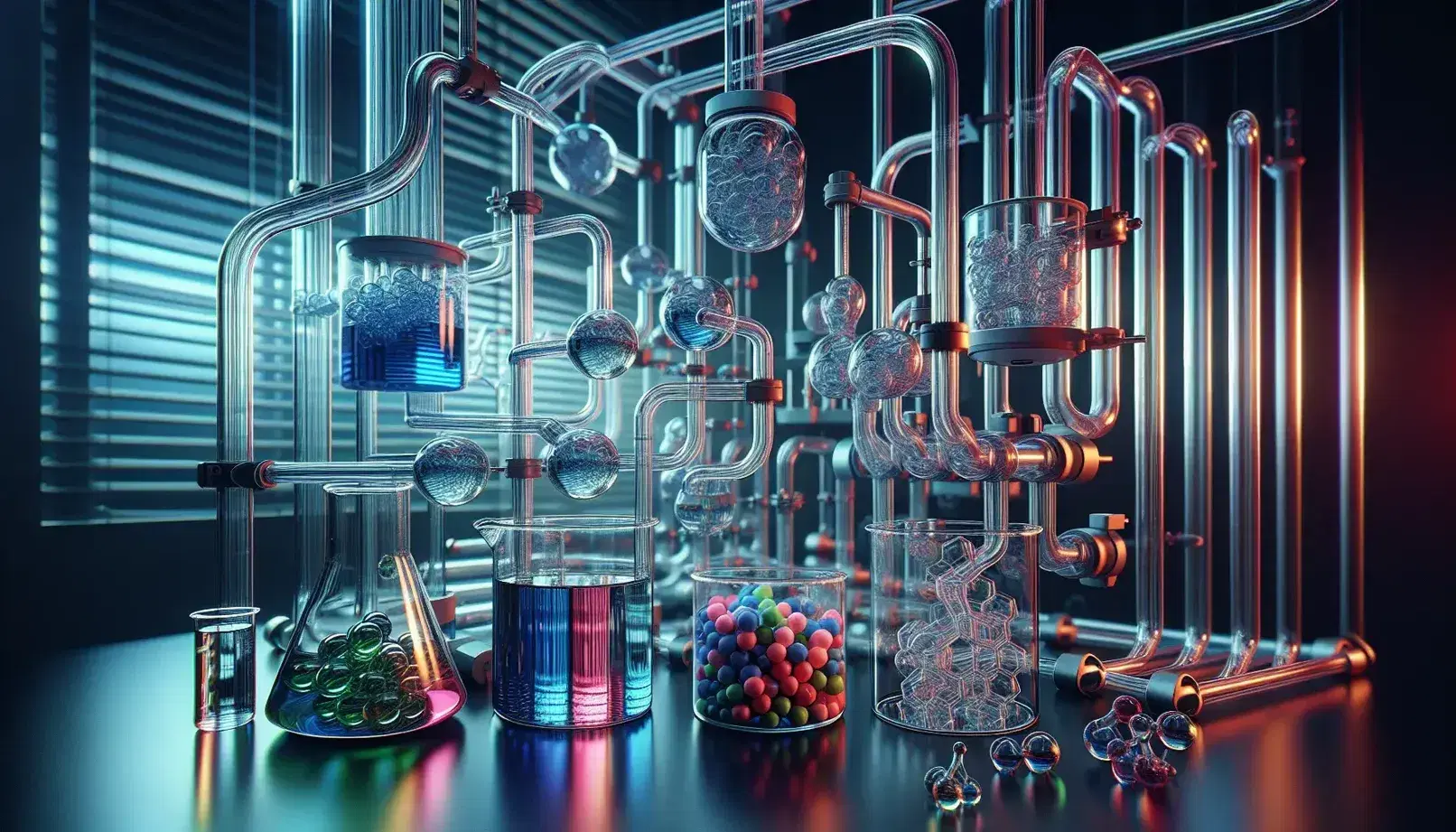 Apparato di laboratorio in vetro per polimerizzazione con liquidi colorati e becher contenente polimero solido trasparente.
