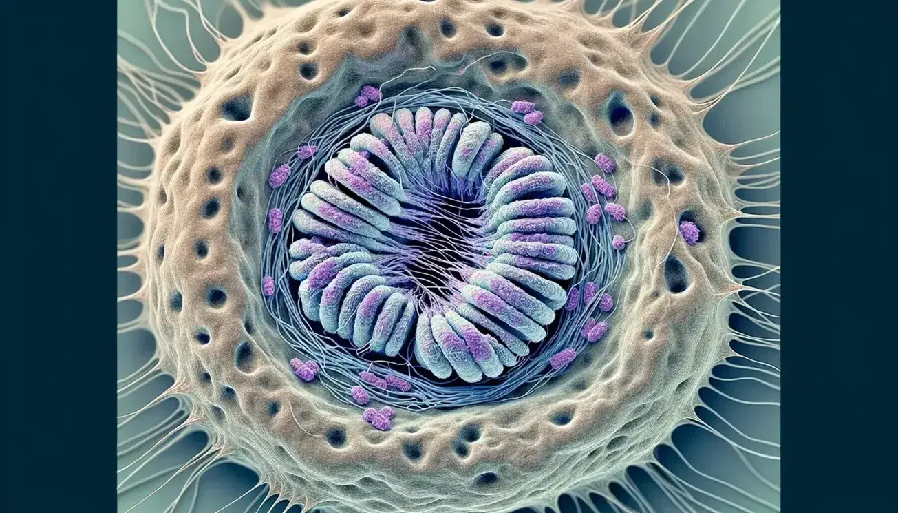 Cellula eucariotica in fase di mitosi con cromosomi allineati in metafase e fusi mitotici visibili, senza testo o simboli.