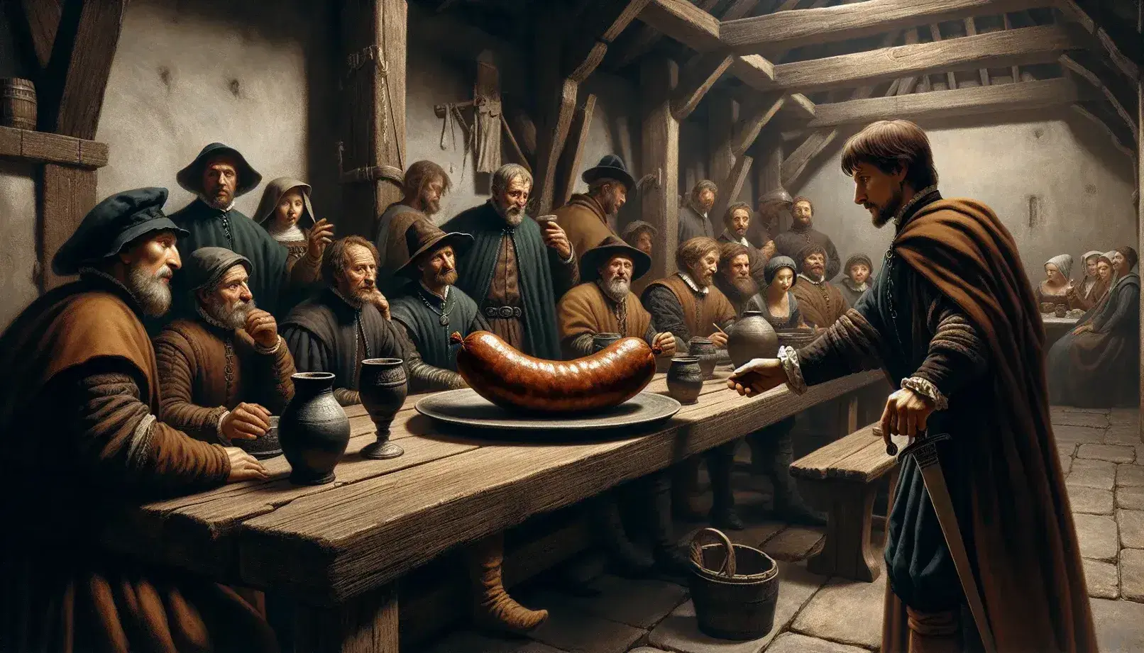 Early 16th-century scene with individuals gathered around a wooden table focused on a man reaching for a sausage, in a dimly lit room with a stone fireplace.
