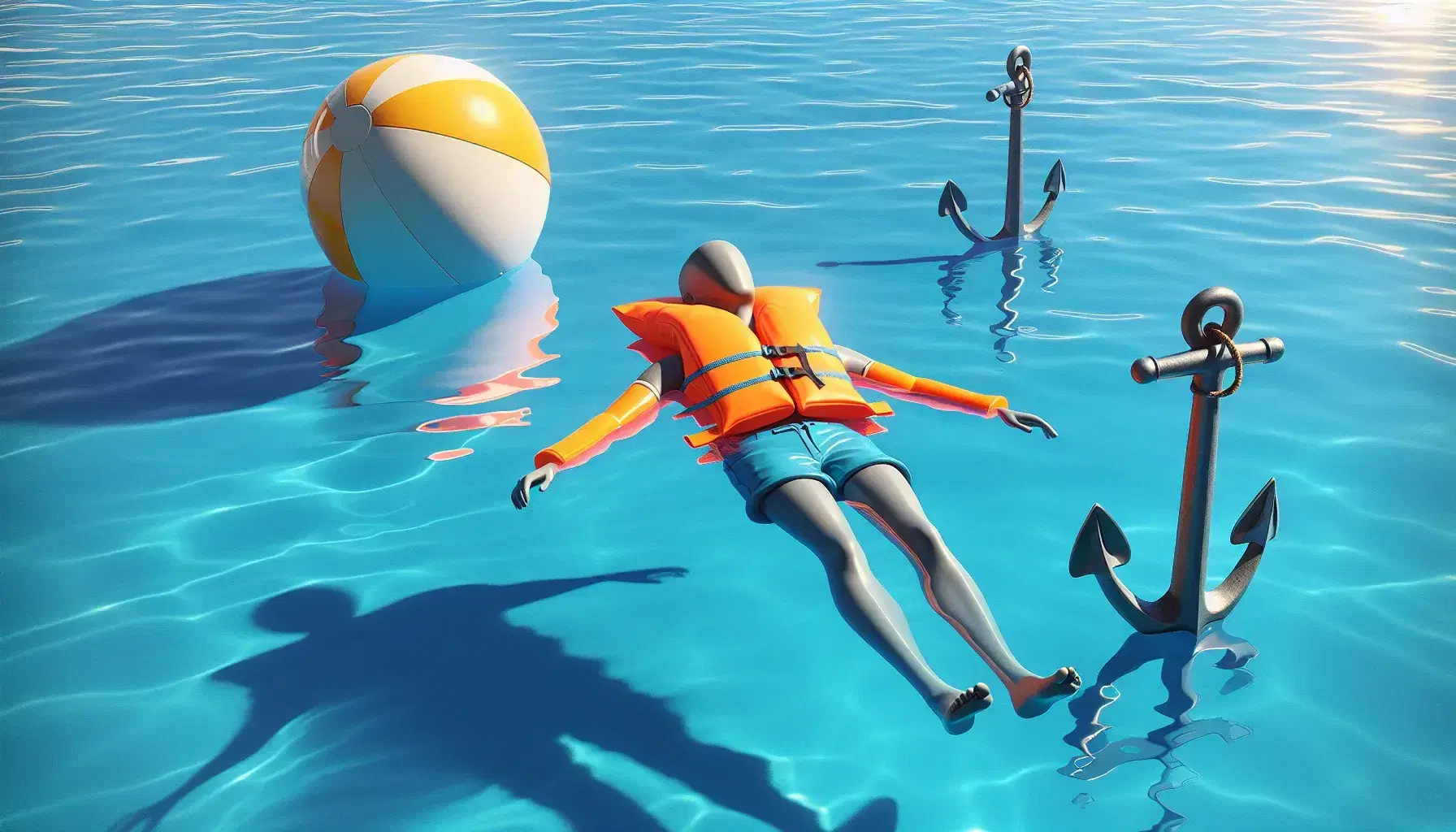 Person in orange life jacket floating in blue pool with submerged anchor and striped beach ball on sunny day, surrounded by terracotta tiles.