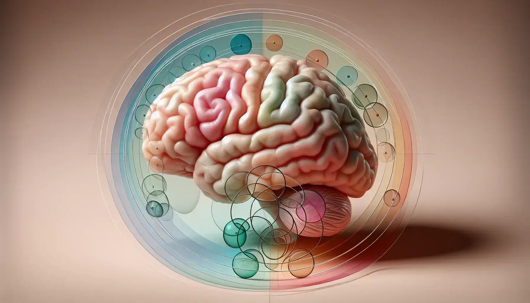 Detailed anatomical model of human brain in lateral view on neutral background with overlapping translucent circles in pastel colors.