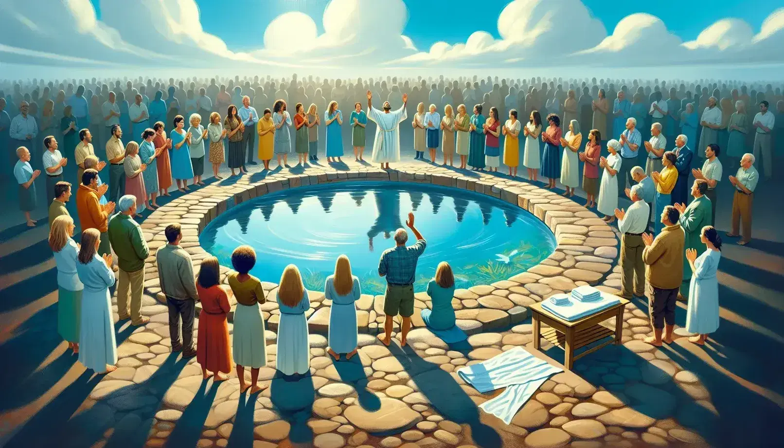 Grupo diverso de personas en acto de oración al aire libre, con una persona en el centro levantando las manos y una pila bautismal de piedra con agua reflejando el cielo azul.