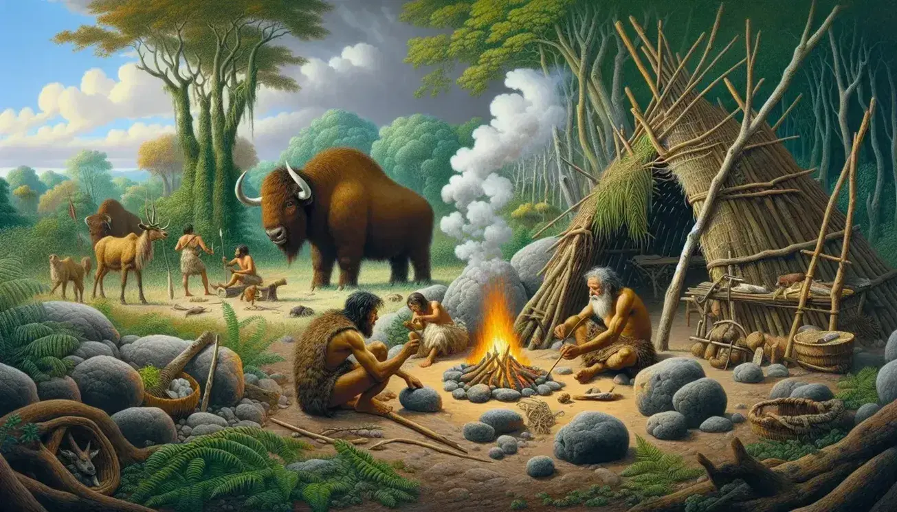 Scena paleolitica con tre umani in pelli animali, uno lavora la pietra, un altro tiene una lancia, il terzo intreccia fibre, vicino a un fuoco e rifugio.