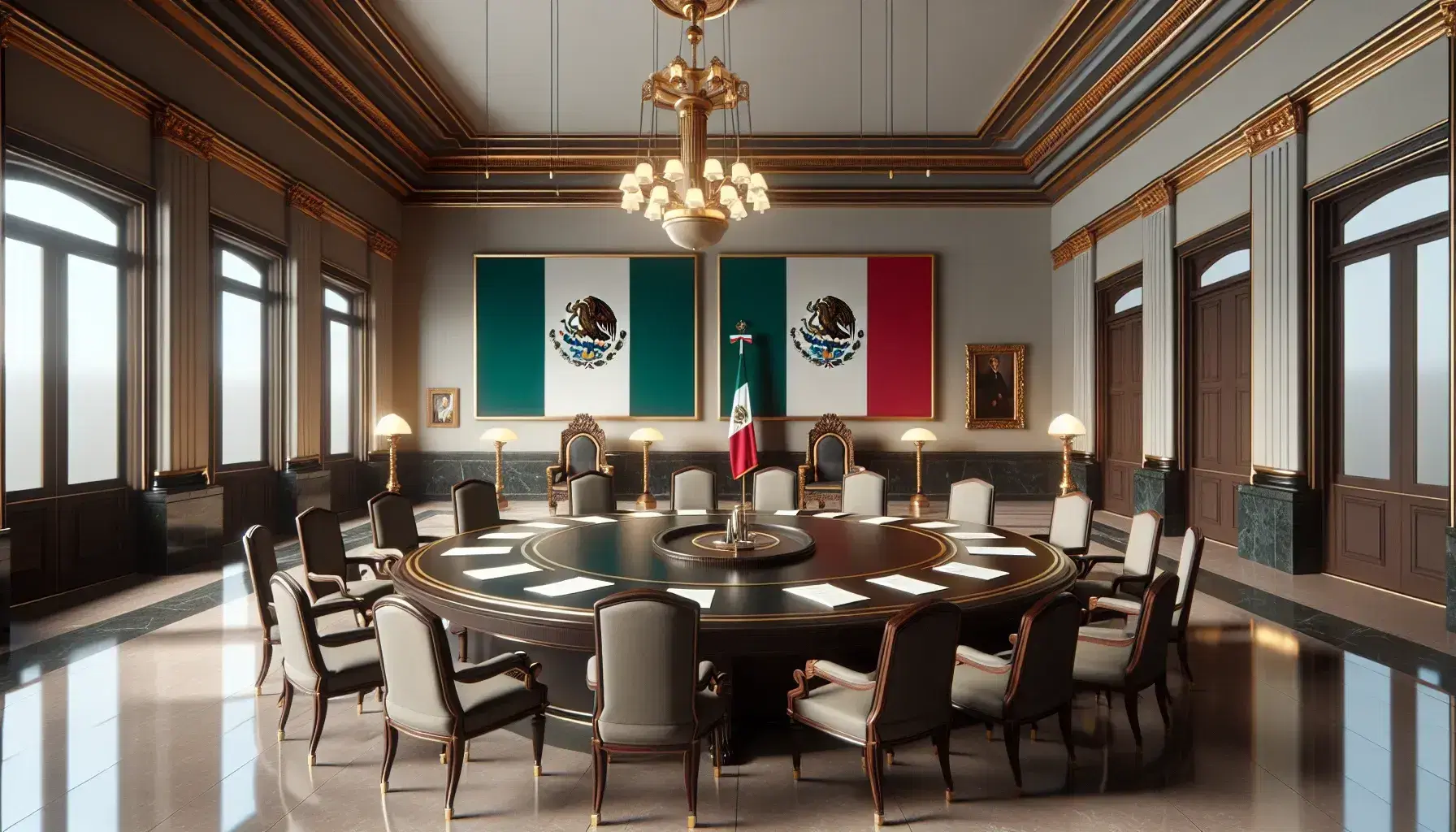 Sala amplia con mesa ovalada de madera oscura, sillas altas tapizadas, documentos y carpetas, bandera de México y cuadros abstractos en paredes iluminadas por lámparas colgantes.