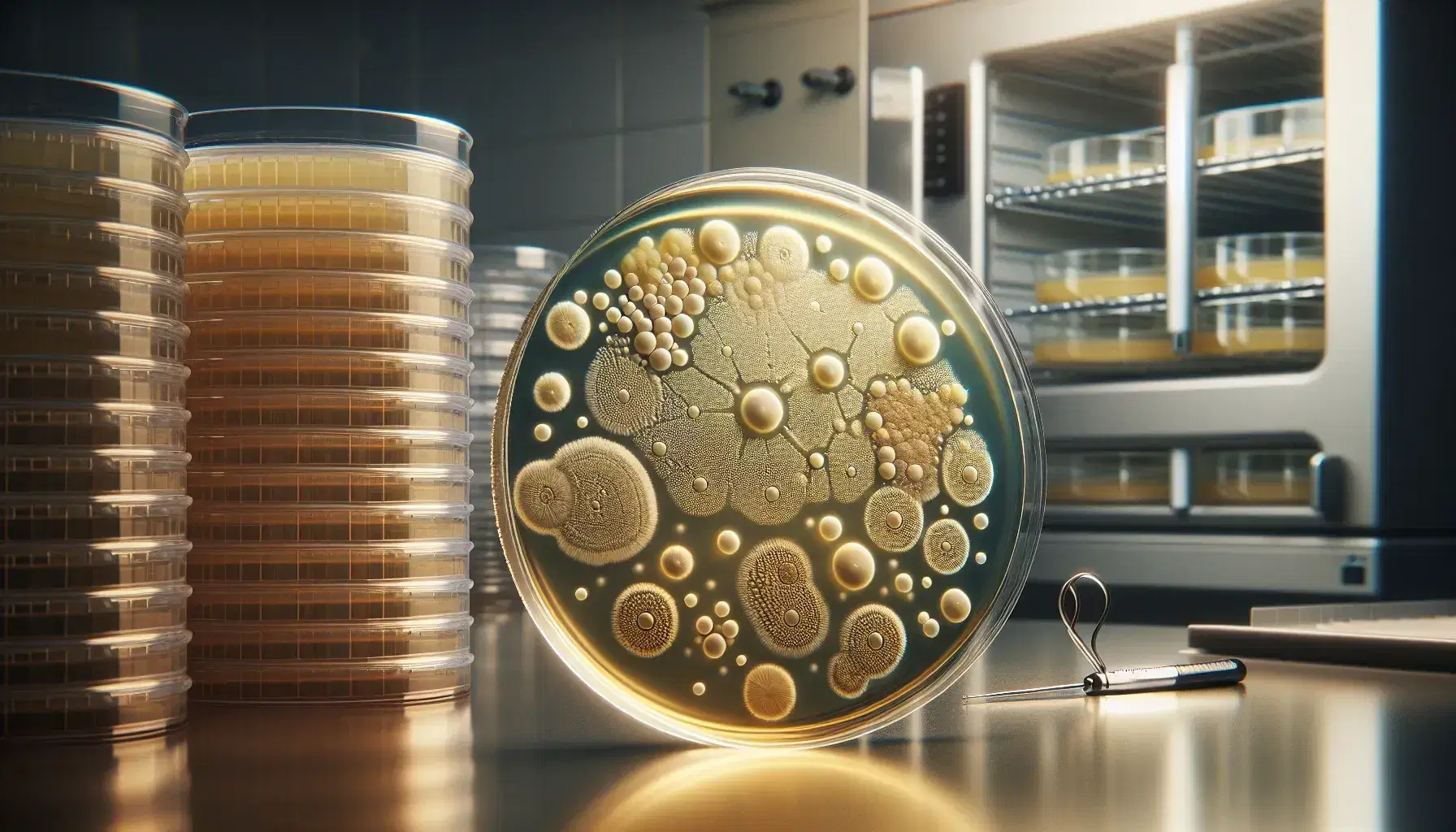 Close-up view of a petri dish with bacterial colonies on a lab bench beside a sterile inoculating loop, with an incubator in the background.