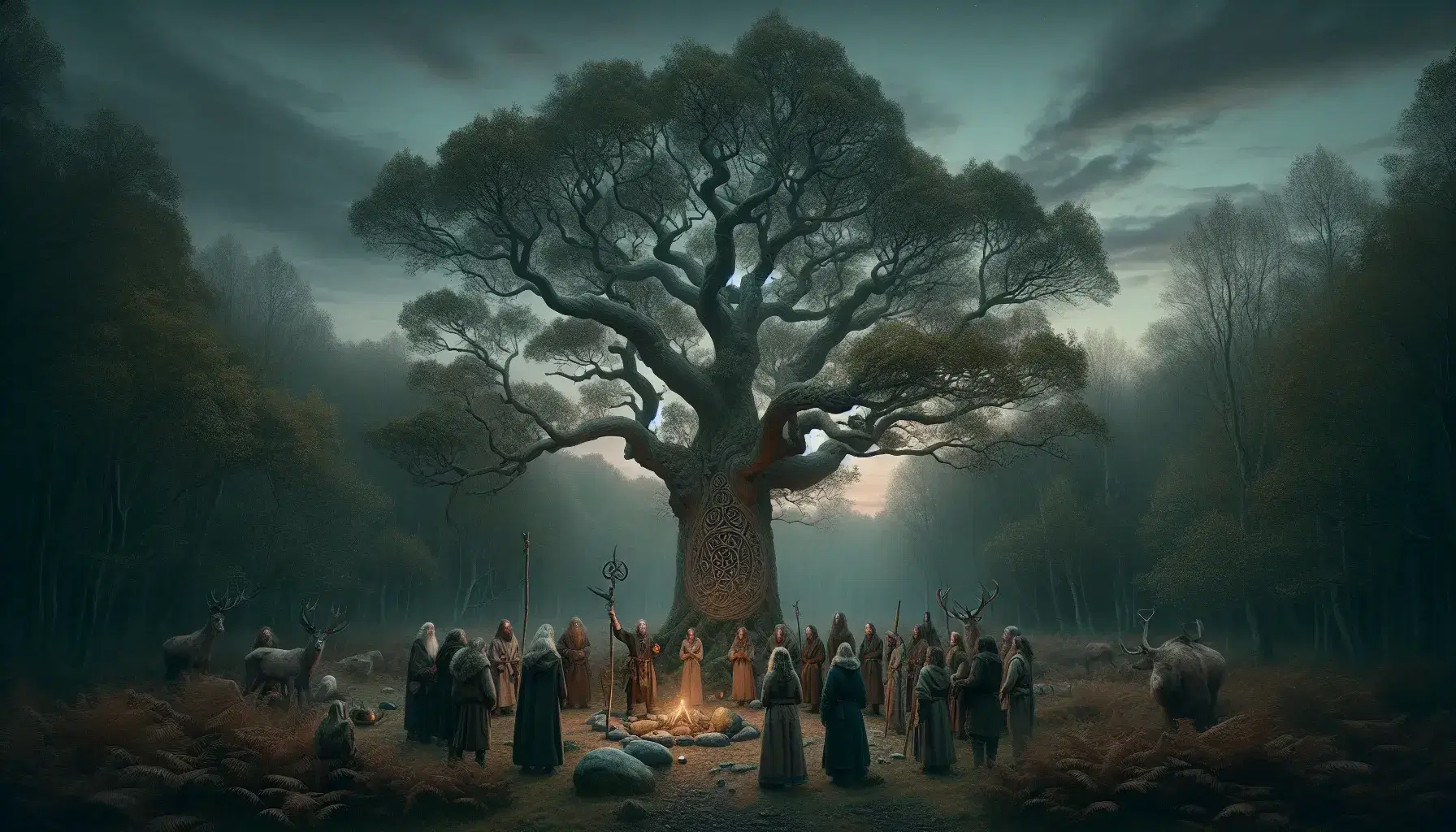 Twilight forest clearing with ancient ash tree, group in traditional attire, wooden staff, arranged natural objects, and small fire ring.