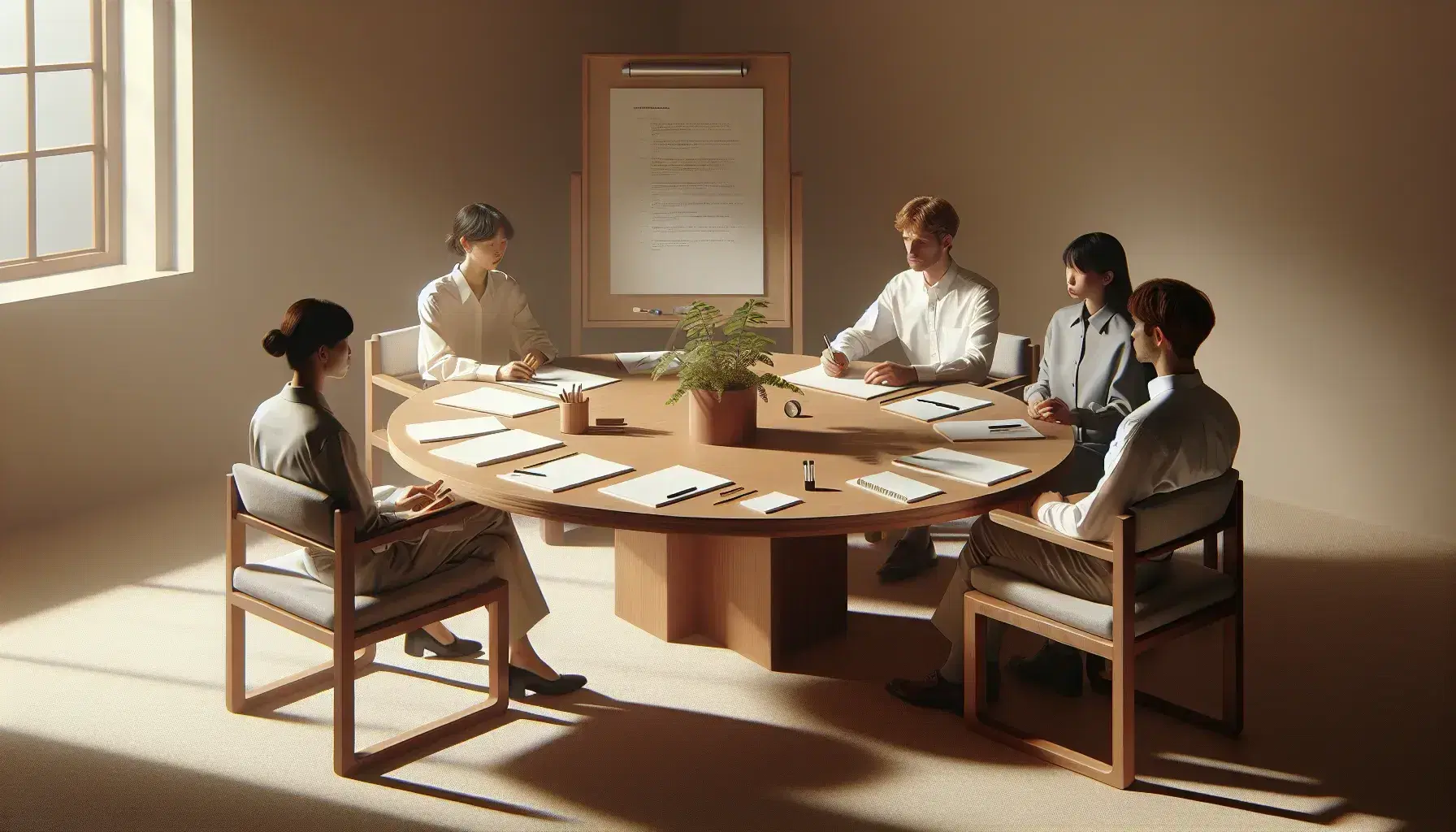 Grupo de cinco profesionales en reunión alrededor de una mesa ovalada de madera con papeles y útiles de escritura, junto a una pizarra blanca y una planta decorativa.
