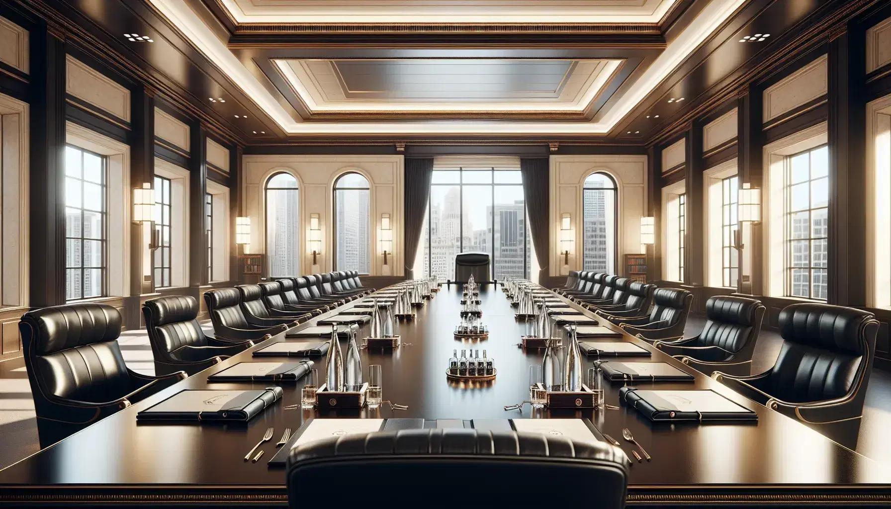 Sala de juntas amplia con mesa rectangular de madera oscura, sillas de cuero negro y grandes ventanas con vistas a la ciudad.