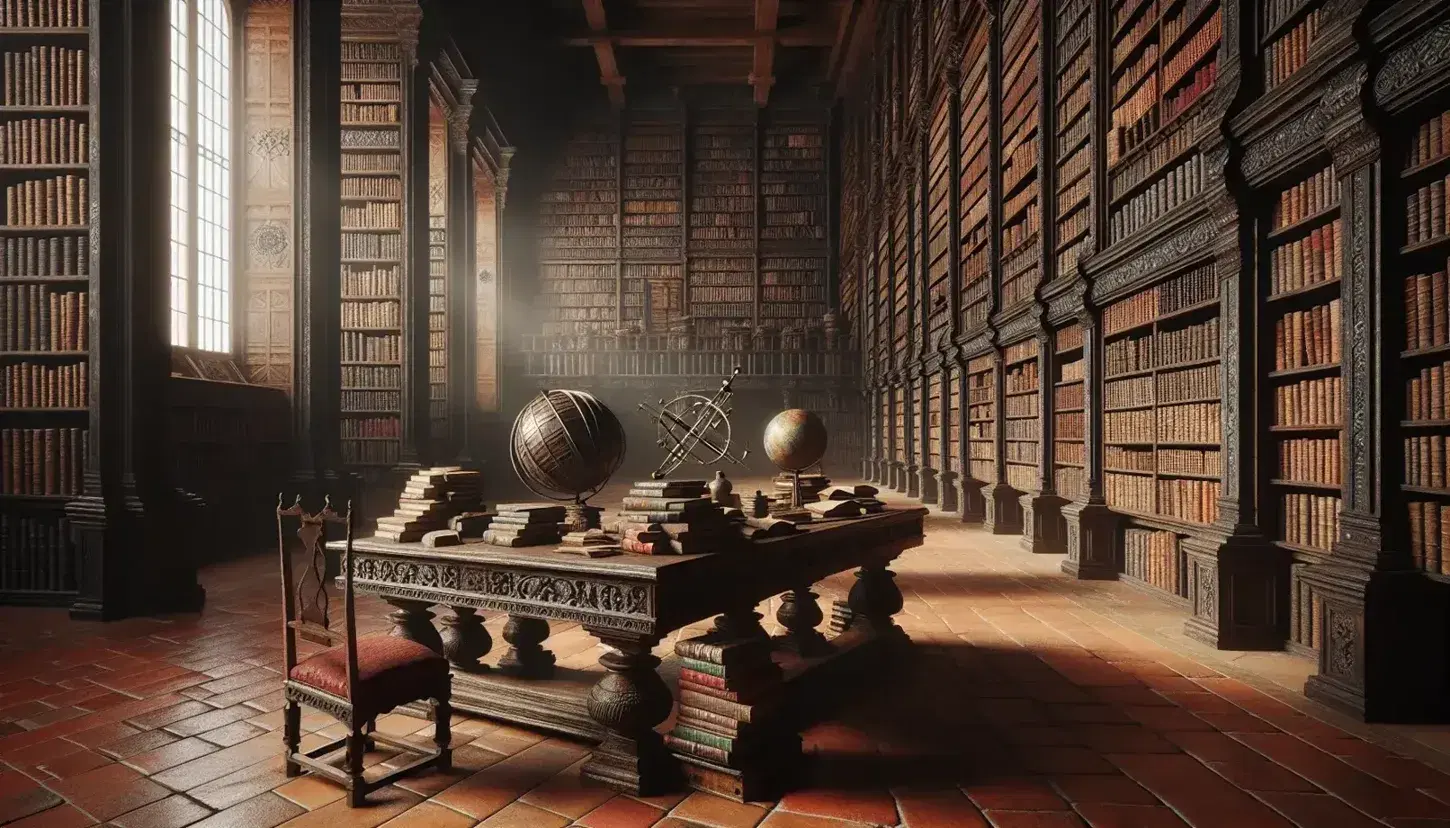 Biblioteca antigua con estantes de madera oscuros llenos de libros, mesa central con libros abiertos, esfera armilar y globo antiguo, luz natural entrando por ventana alta.