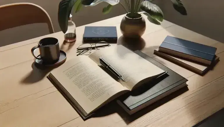 Mesa de madera clara con libro abierto, taza de café, gafas negras, cuaderno azul y pluma estilográfica, junto a planta de interior desenfocada.
