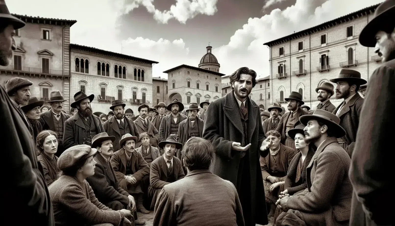 Gruppo di persone in abiti d'epoca discute animatamente in piazza italiana post-bellica, con bambini che giocano e oggetti simbolici in primo piano.