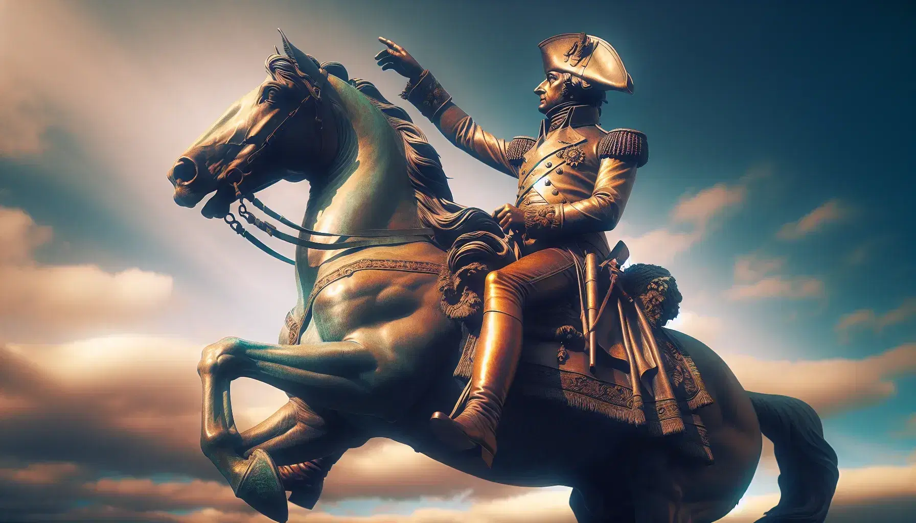 Bronze statue of a historical 19th century military figure on horseback, wearing decorated uniform, high boots and two-horned hat, under a blue sky.