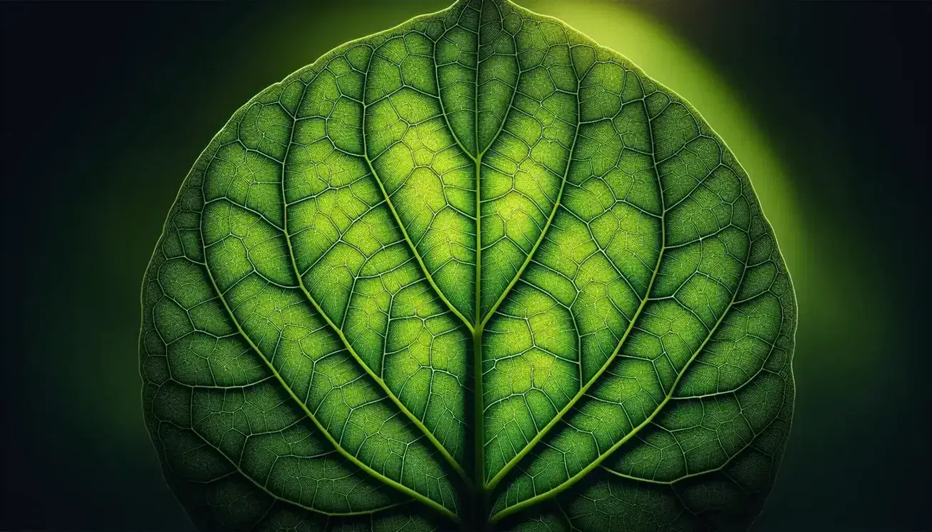 Bright green leaf backlit showing a network of veins and chlorophyll-rich cells, with a green blurred background.