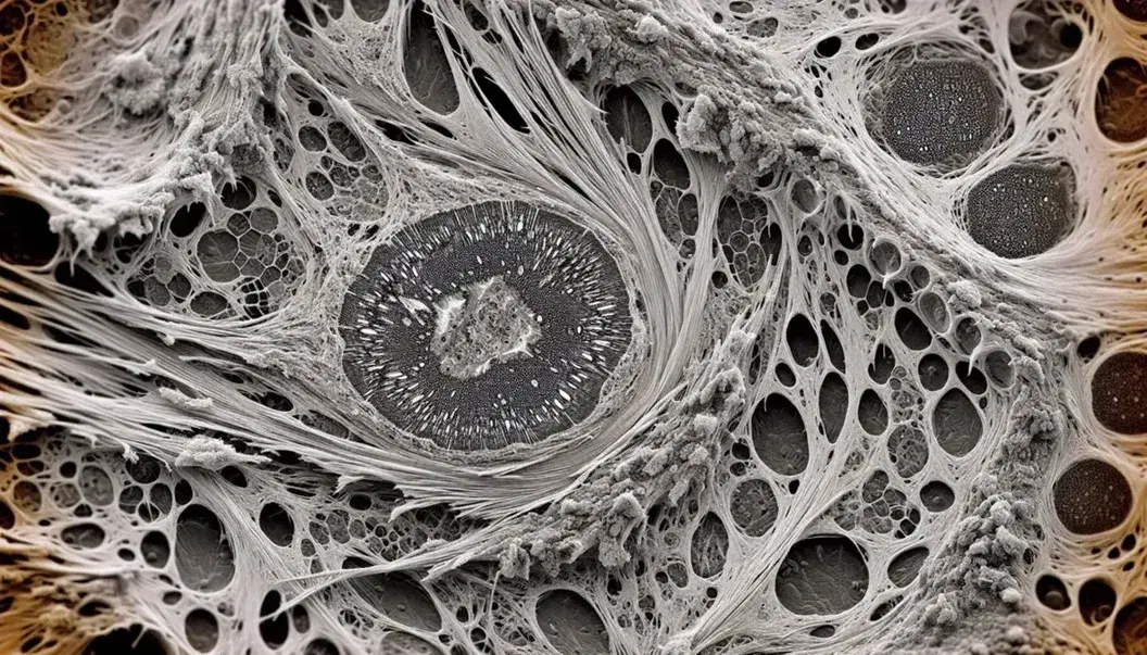 Microscopía electrónica de tejido conectivo mostrando un fibroblasto central con núcleo oscuro y matriz extracelular con fibras de colágeno y células menores.
