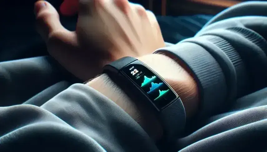 Close-up of a human wrist with light skin wearing a black fitness tracker with screen showing daily activity graph on blue background.