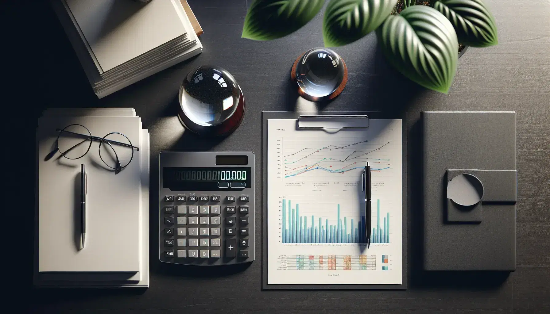 Modern office desk with calculator, crystal ball on stand, stack of papers with color charts, black paperweight, potted plant, and upside-down eyeglasses.