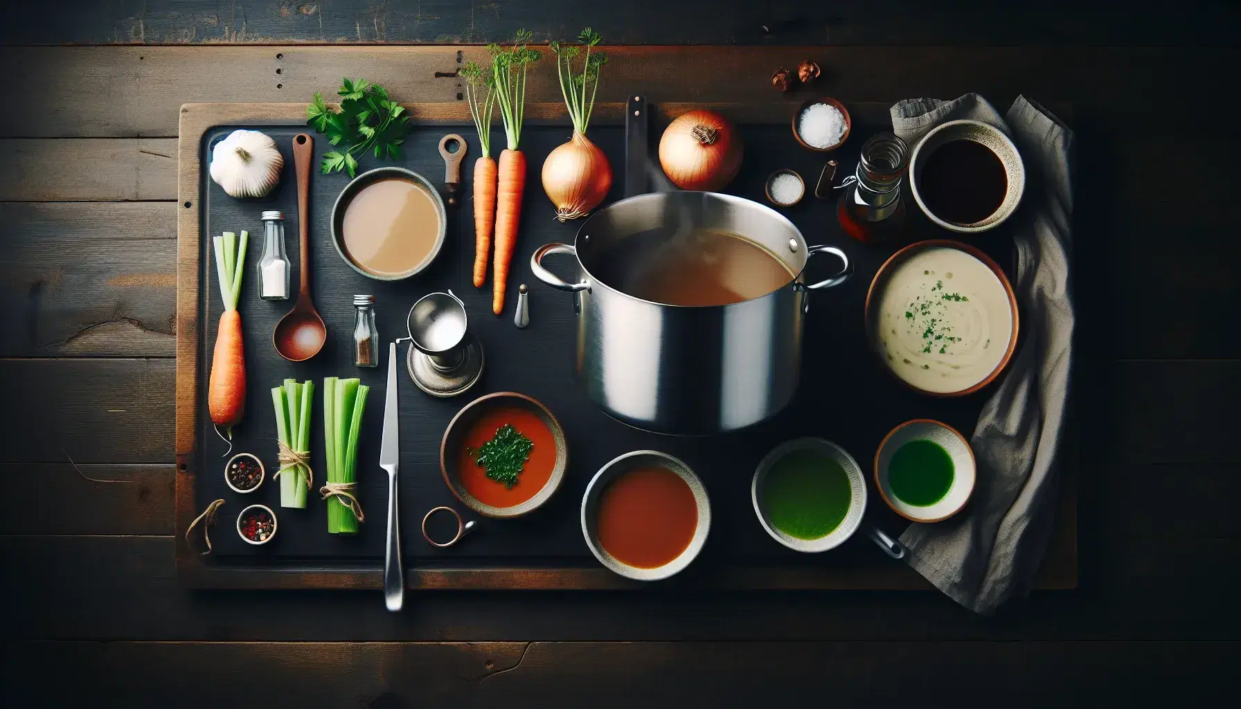 Olla de acero inoxidable humeante con caldo en mesa de madera oscura, rodeada de cuencos con salsas variadas y tabla con ingredientes frescos.
