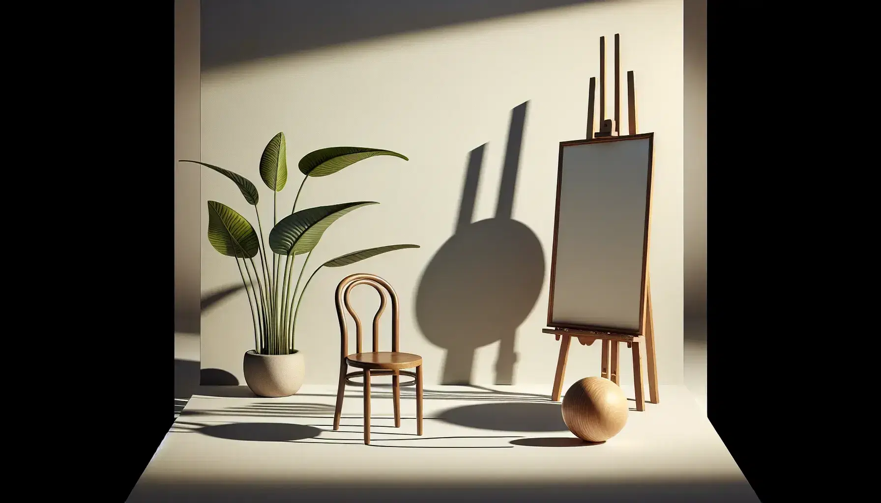 Silla de madera con respaldo alto y patas curvas, planta interior en maceta redonda y esfera con sombras marcadas, junto a un caballete con lienzo en blanco sobre fondo liso.