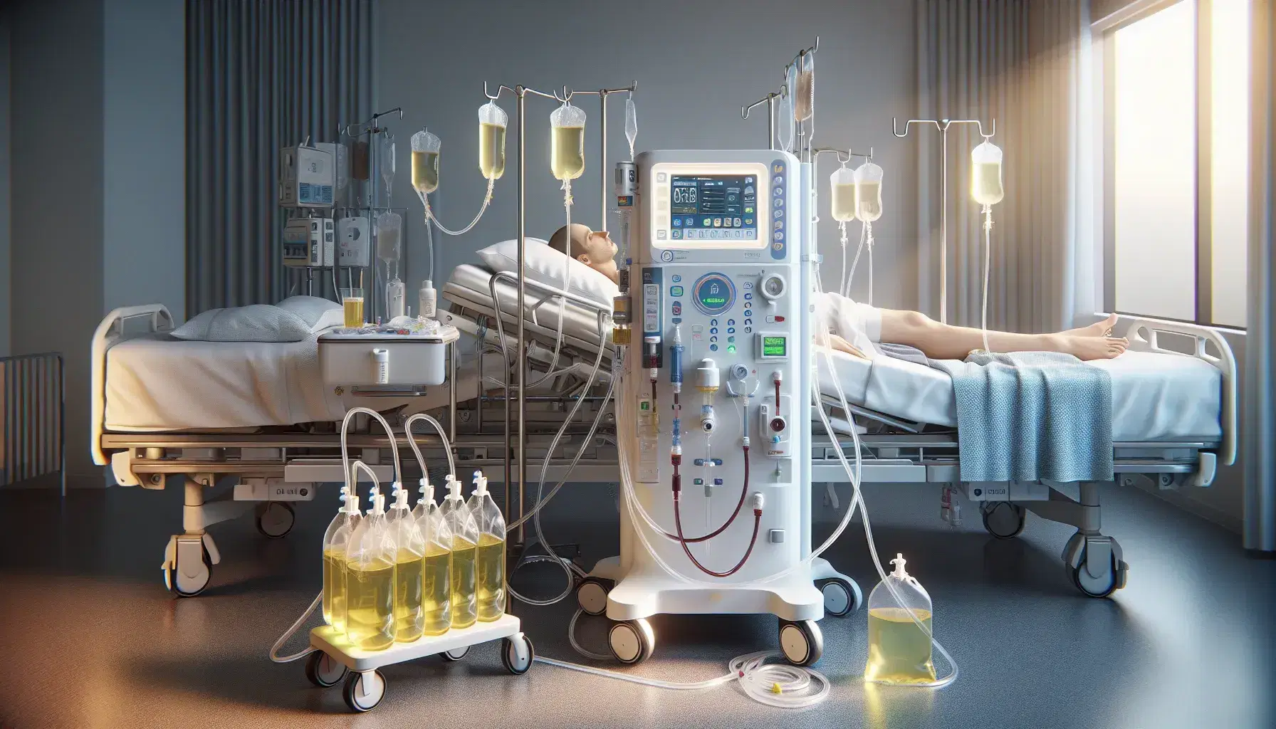 Máquina de diálisis peritoneal en habitación hospitalaria con paciente conectado y bolsas de solución en carrito metálico, ambiente tranquilo.