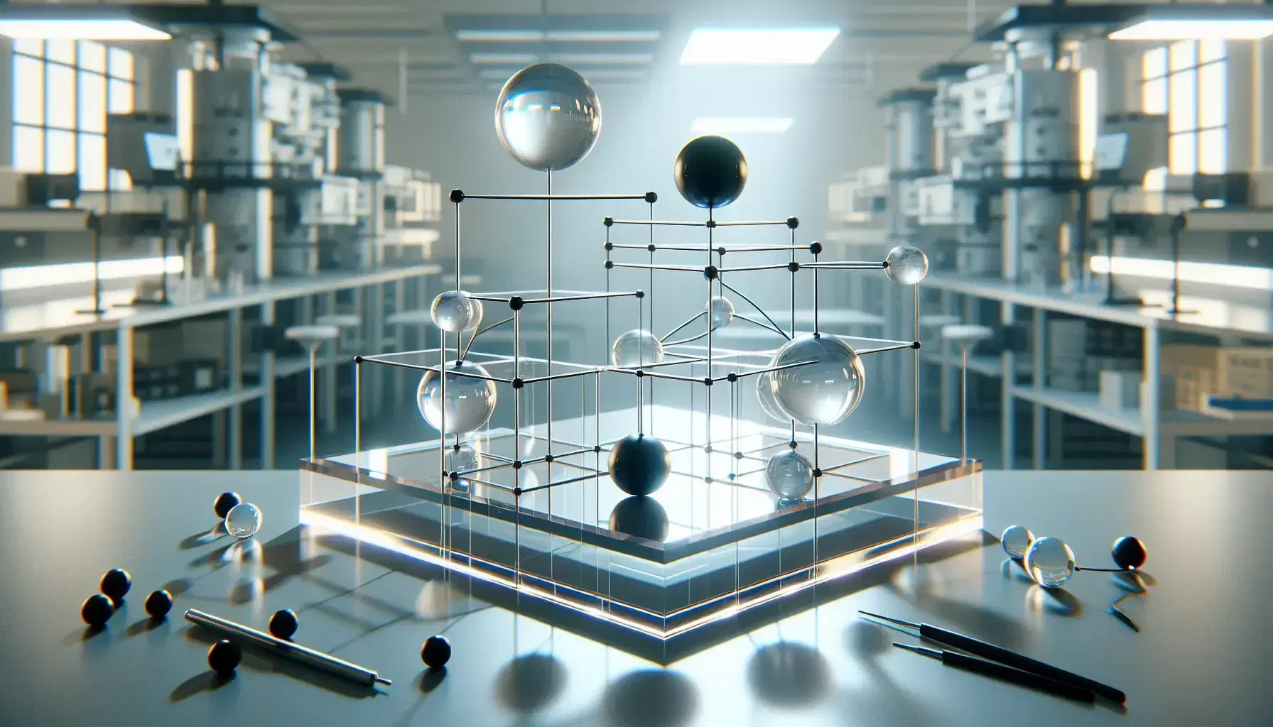 Three-dimensional crystal models of Pauli matrices on a lab table, with σx, σy, and σz represented by sphere layers in distinct configurations, against a blurred lab backdrop.