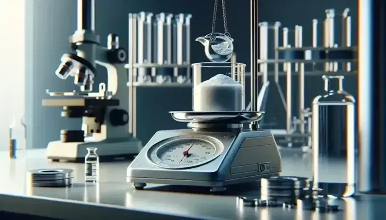 Bilancia analitica di precisione in laboratorio chimico con contenitore trasparente di polvere bianca e pesi calibrati su banco di lavoro pulito.