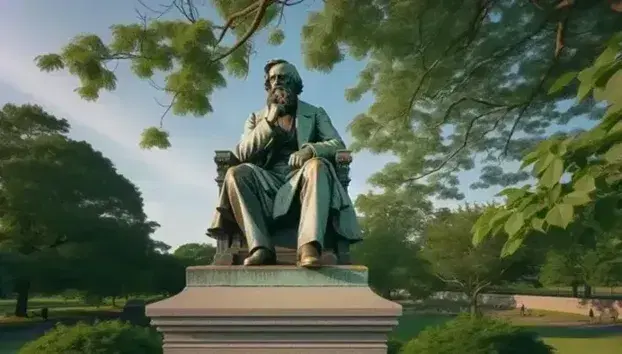 Estatua de bronce de hombre barbudo sentado en actitud pensativa, con abrigo del siglo XIX, en parque diurno con cielo azul despejado.