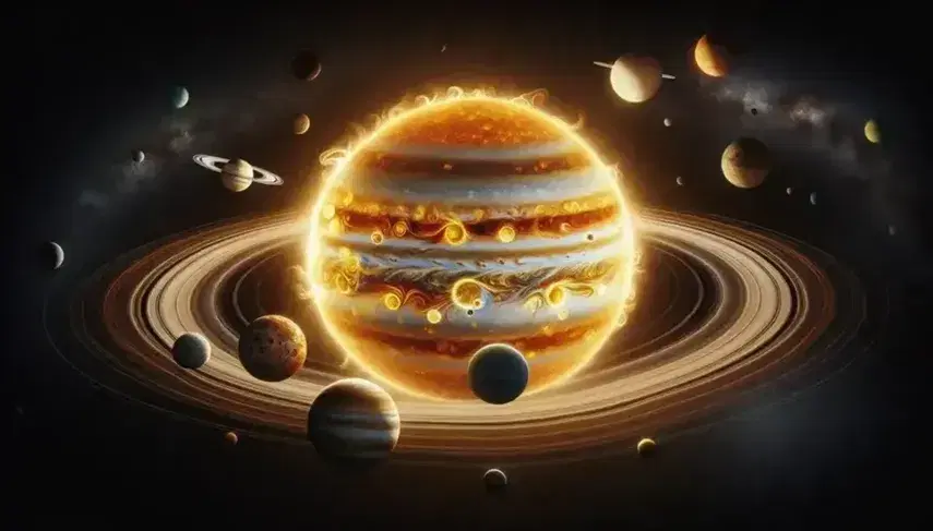 Rappresentazione fotografica del Sistema Solare con il Sole al centro e otto pianeti distinti su sfondo stellato nero.