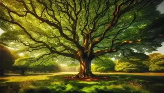 Albero maestoso con chioma verde rigogliosa e tronco robusto su prato con fiori selvatici, sotto un cielo azzurro sereno.