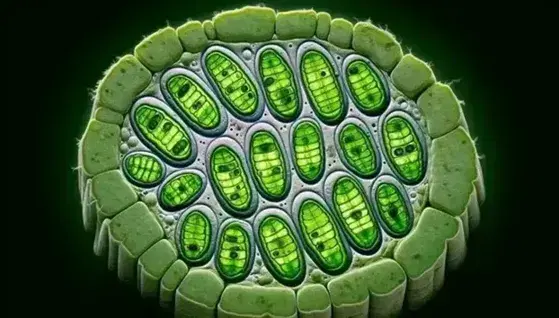Microscopic view of a leaf cross section with green chloroplasts, double membranes, stacked thylakoids and colorless cell walls.