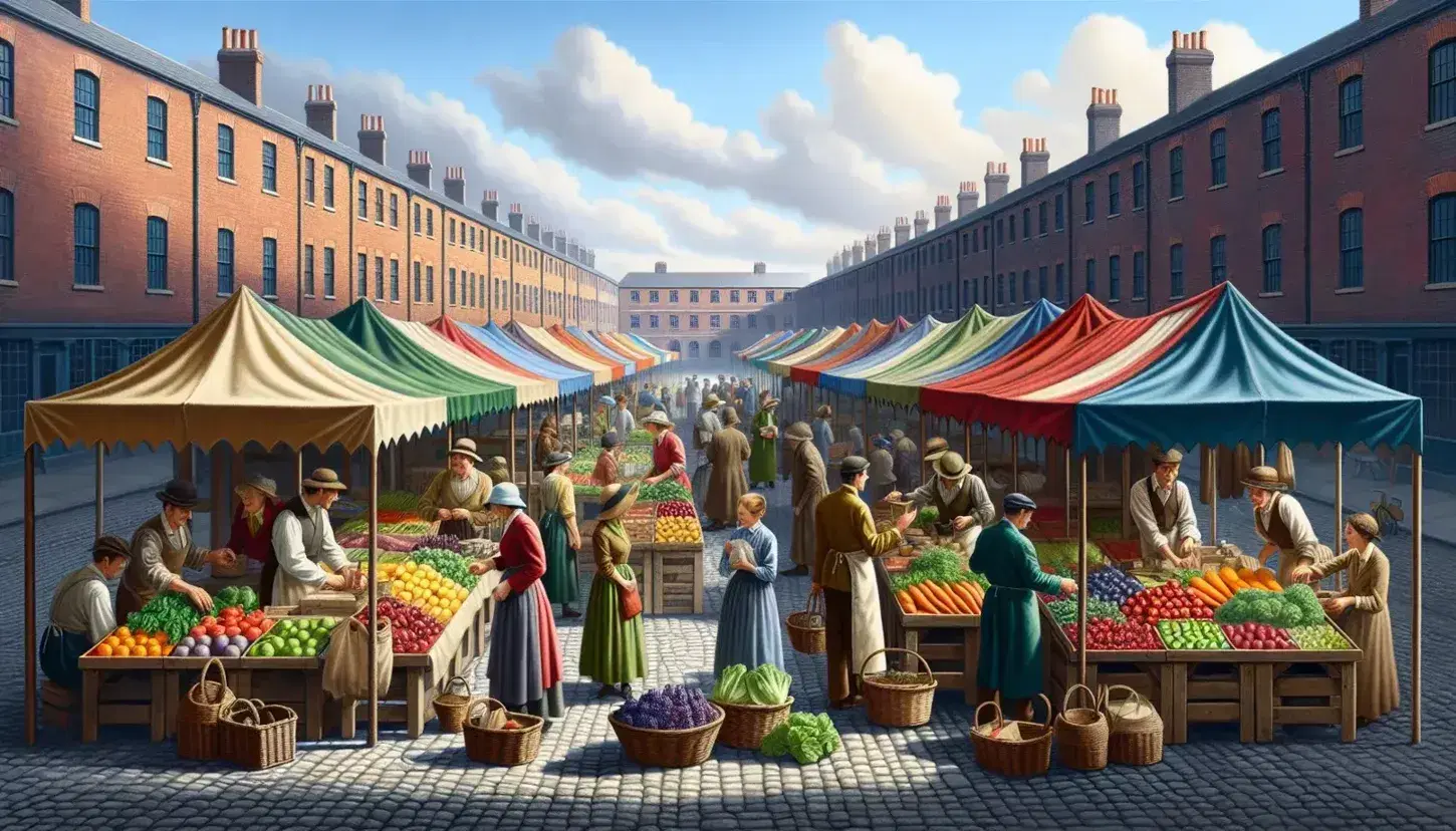 Mercado al aire libre con puestos de madera y lonas coloridas vendiendo frutas y verduras frescas, con personas comprando y edificios al fondo en día soleado.
