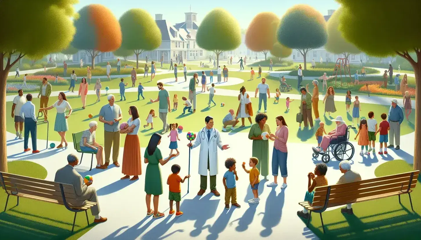 Grupo diverso en parque con profesional de la salud explicando, niños jugando, familia compartiendo fruta y anciana caminando con andador, bajo cielo despejado.