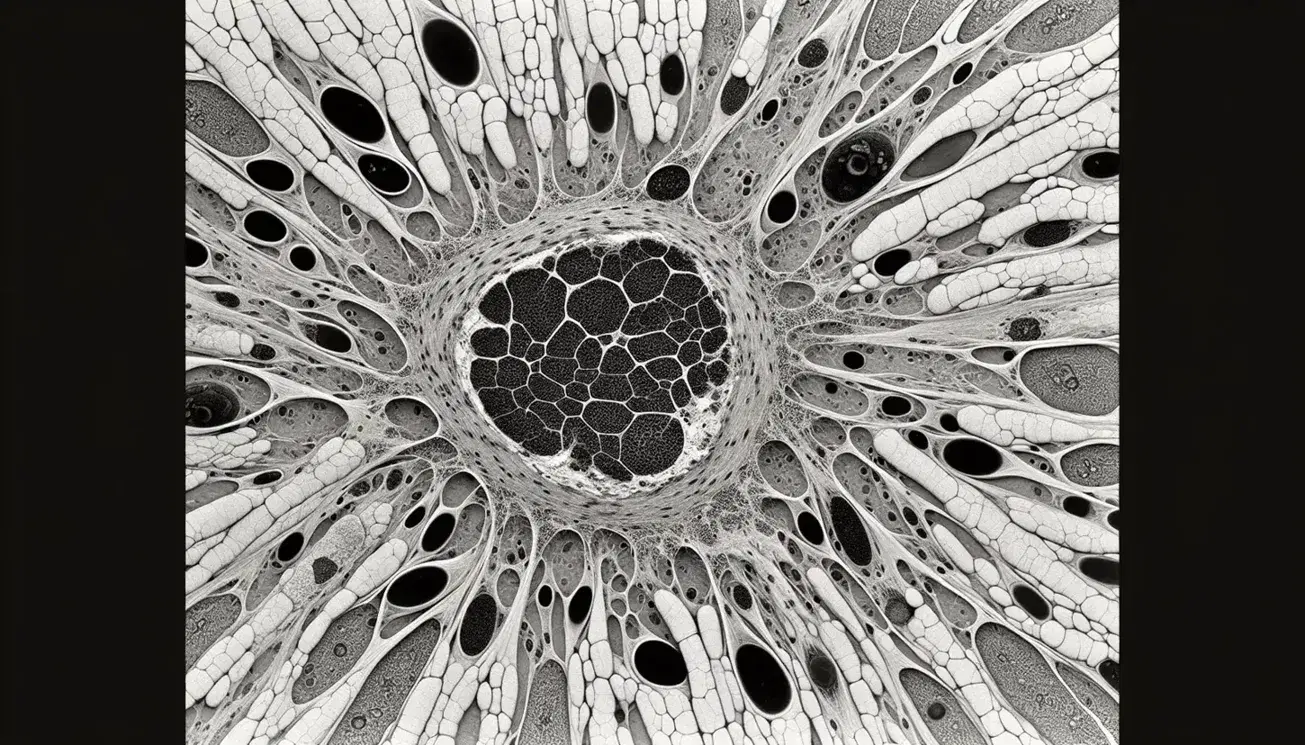Micrografía electrónica de tejido conectivo mostrando una célula central con núcleo oscuro, citoplasma granular y matriz extracelular con fibras entrelazadas.