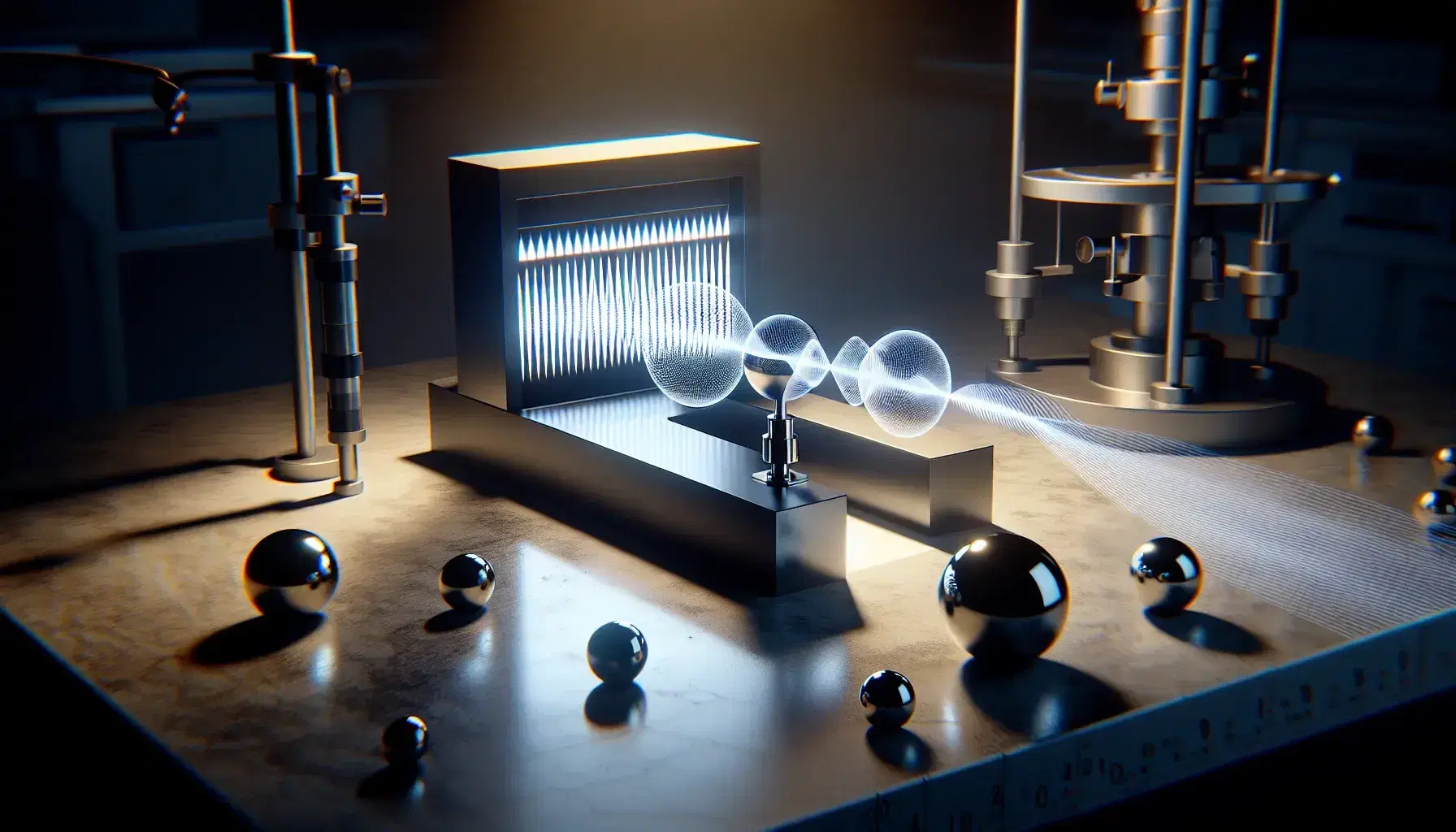 Double-slit experiment showcasing quantum mechanics with a coherent light source creating an interference pattern on a screen, surrounded by metallic spheres.