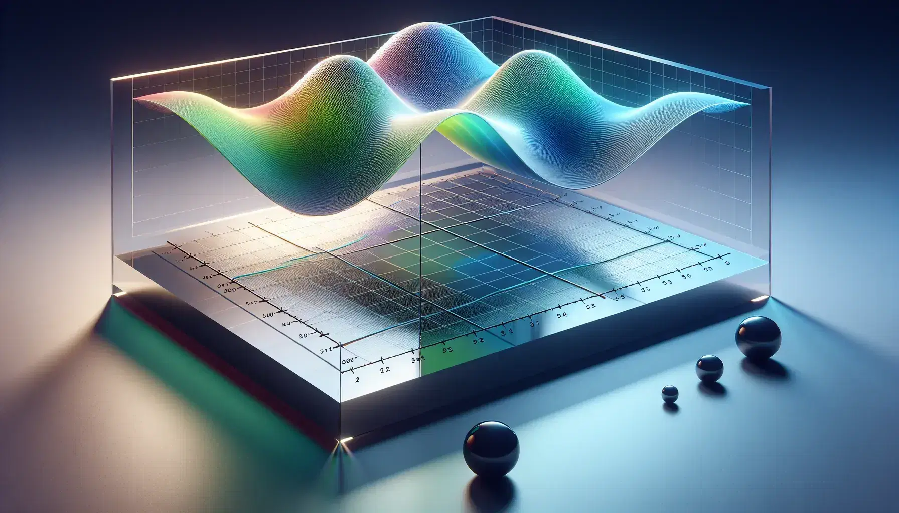 Three-dimensional graph with a semi-transparent, color-gradient surface above an etched grid x-y plane and three matte black spheres casting shadows.