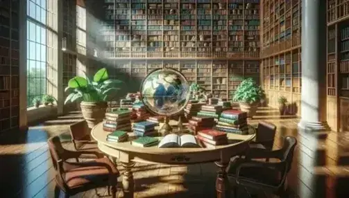 Biblioteca silenziosa con scrivania in legno, sedie, libri colorati, mappamondo trasparente, scaffali pieni e pianta verde.