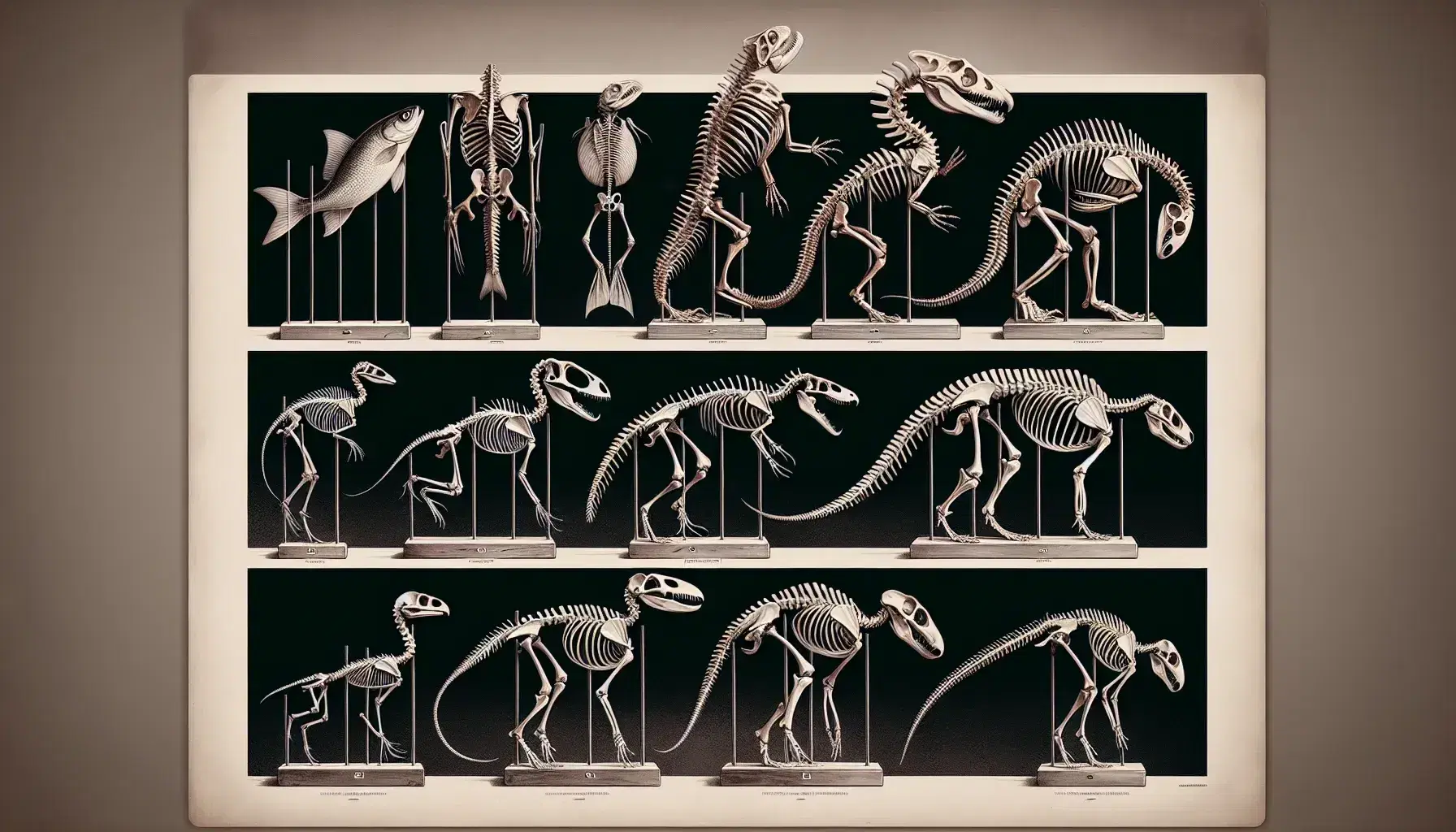 Esqueletos de animales en secuencia evolutiva, desde un pez y anfibio hasta reptil, ave y mamífero, montados en soportes metálicos sobre fondo neutro.