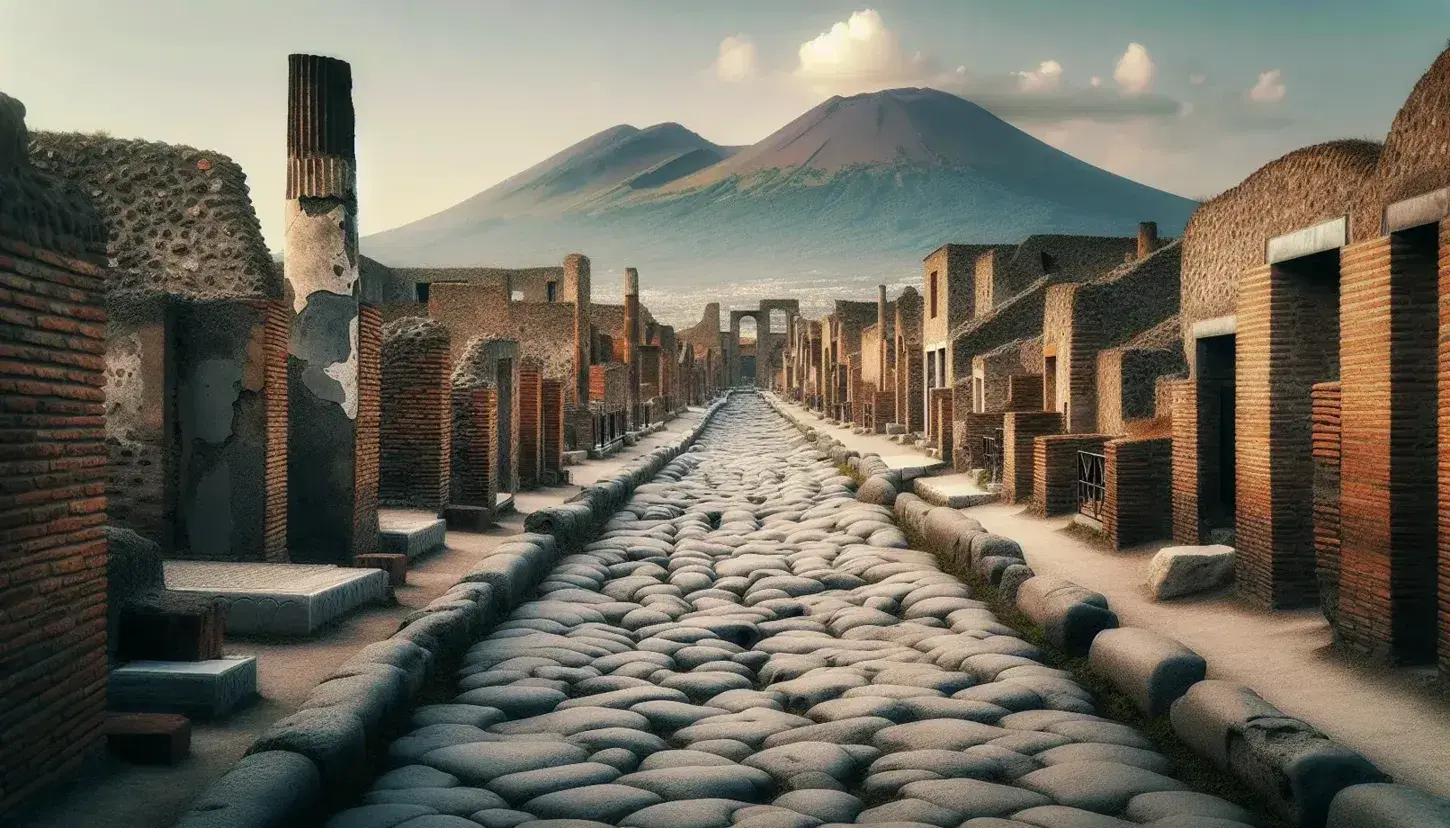 Strada antica con ciottoli a Pompei e rovine di case con resti di colonne, sullo sfondo il Vesuvio, cielo sereno.